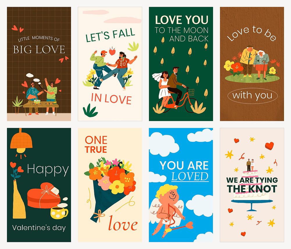 Valentine’s celebration Instagram story template, cute doodle illustrations and quote vector collection