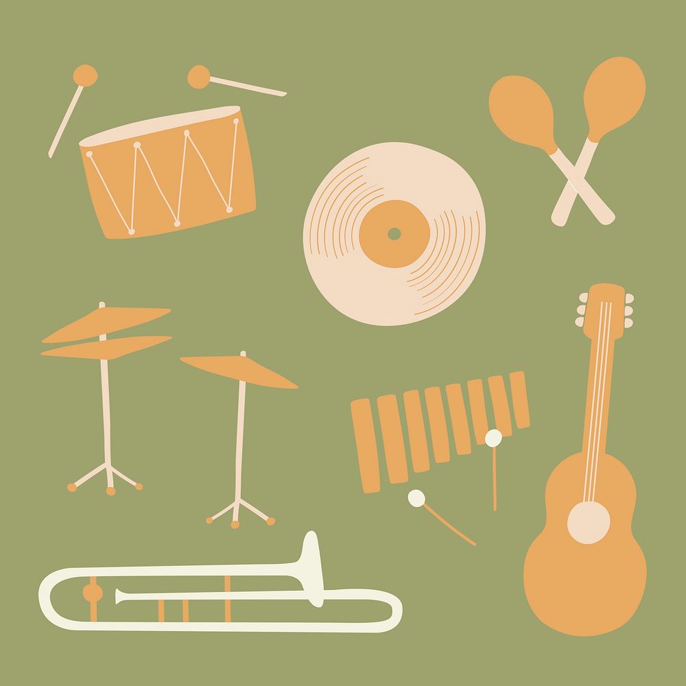 Jazz music instruments sticker, retro design, entertainment graphic in pastel psd set