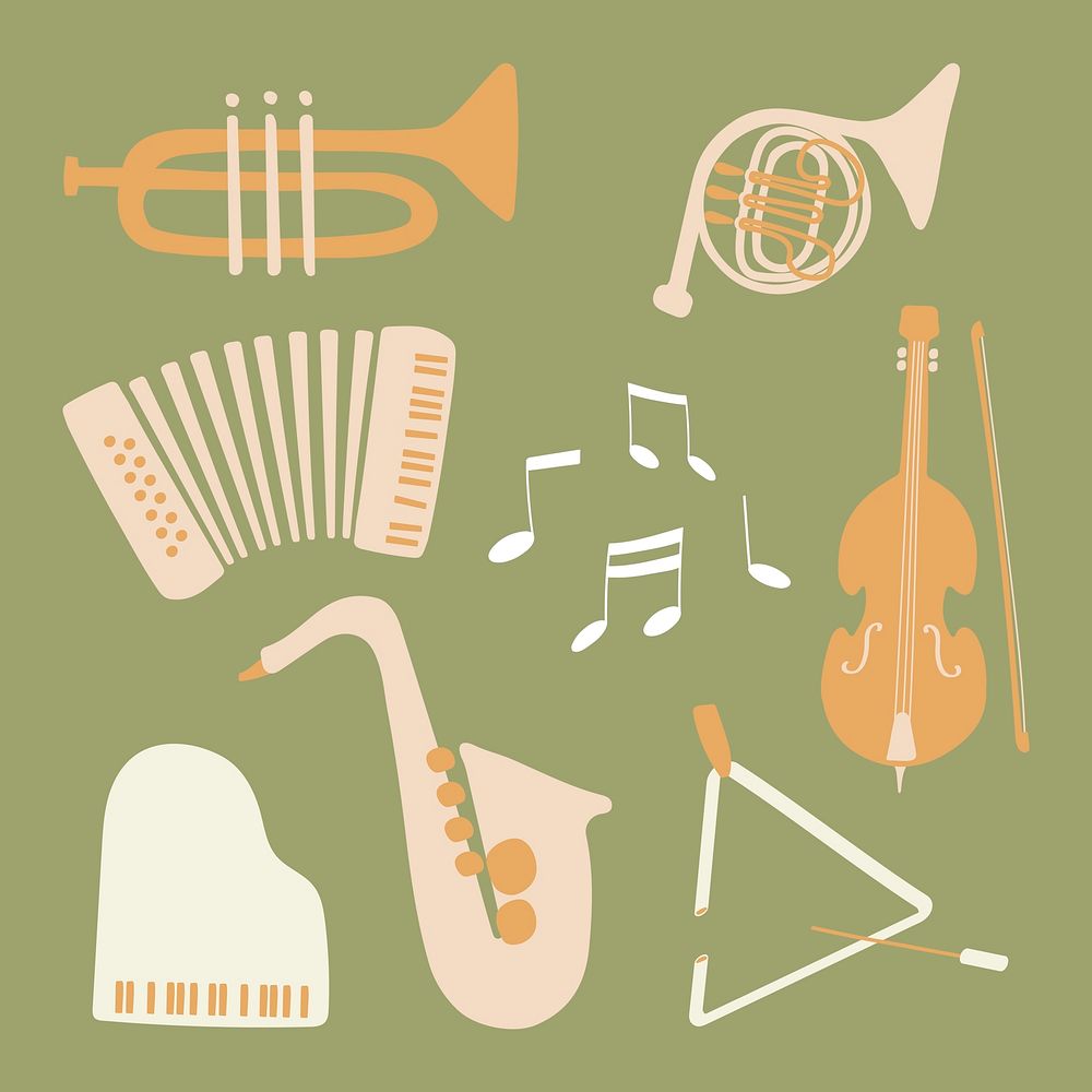 Jazz music instruments sticker, retro design, entertainment graphic in pastel vector collection