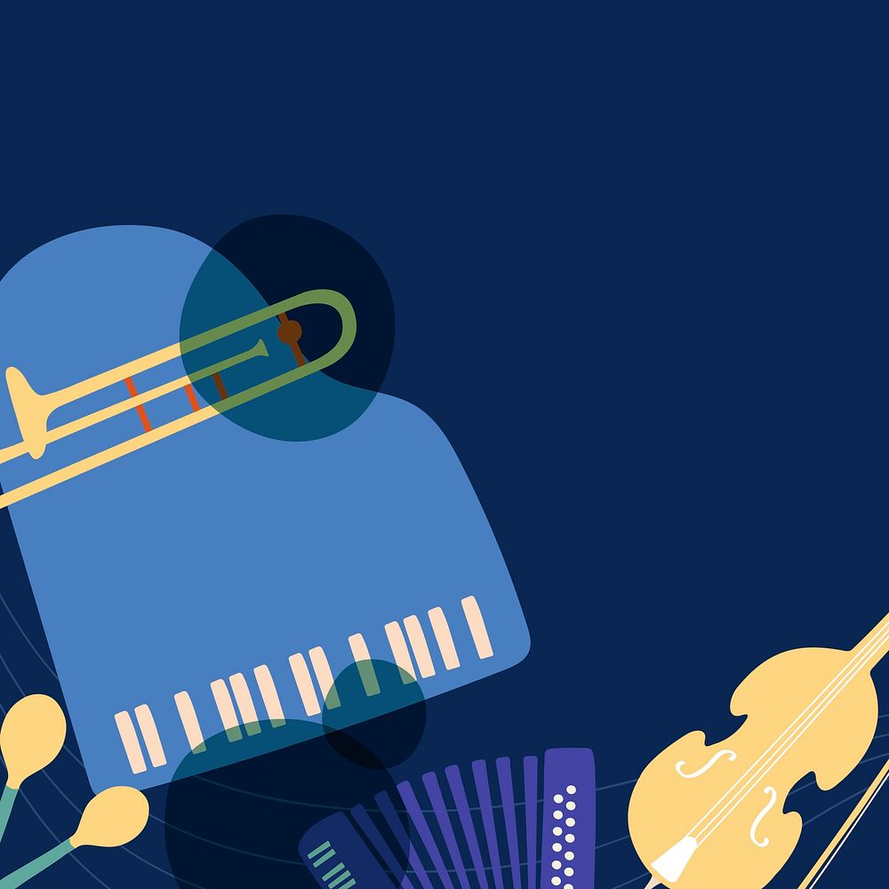 Music border background, retro instrument in blue