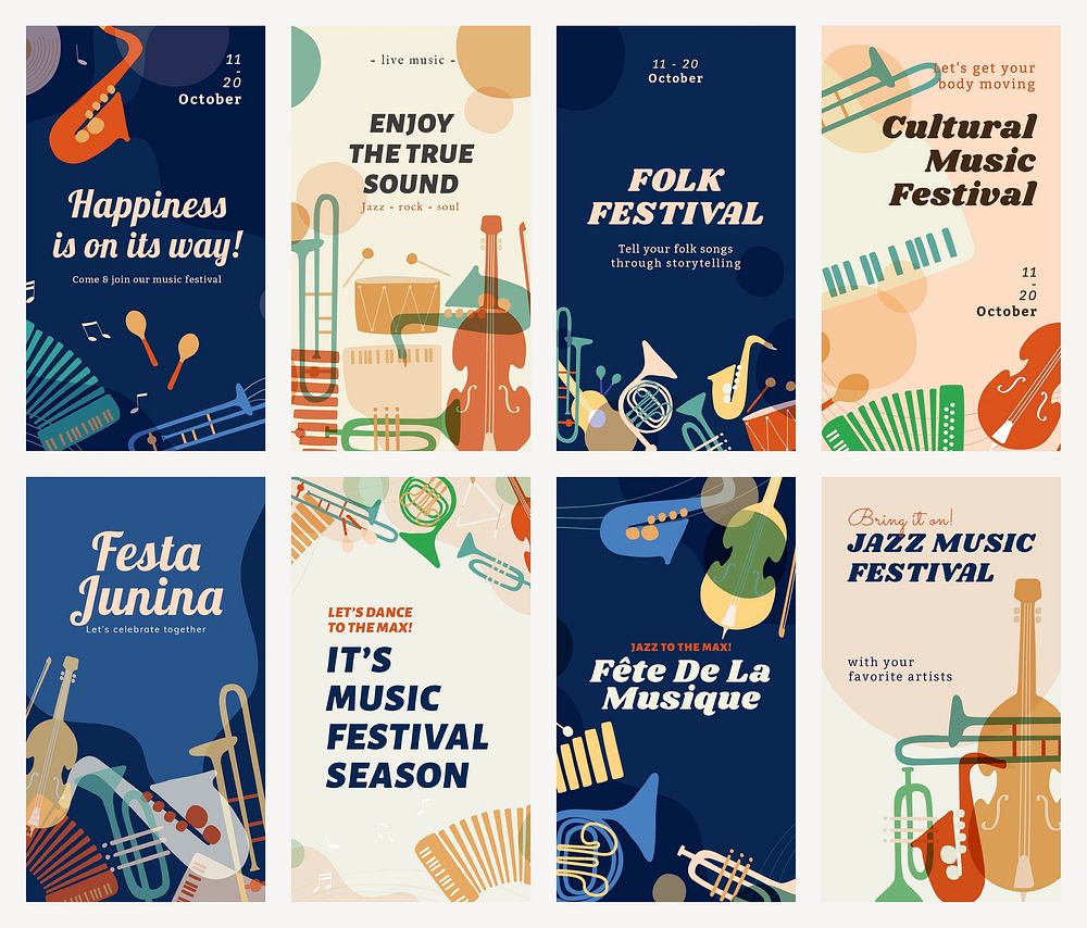 Retro music Instagram story template, festival ad with instrument graphic vector set
