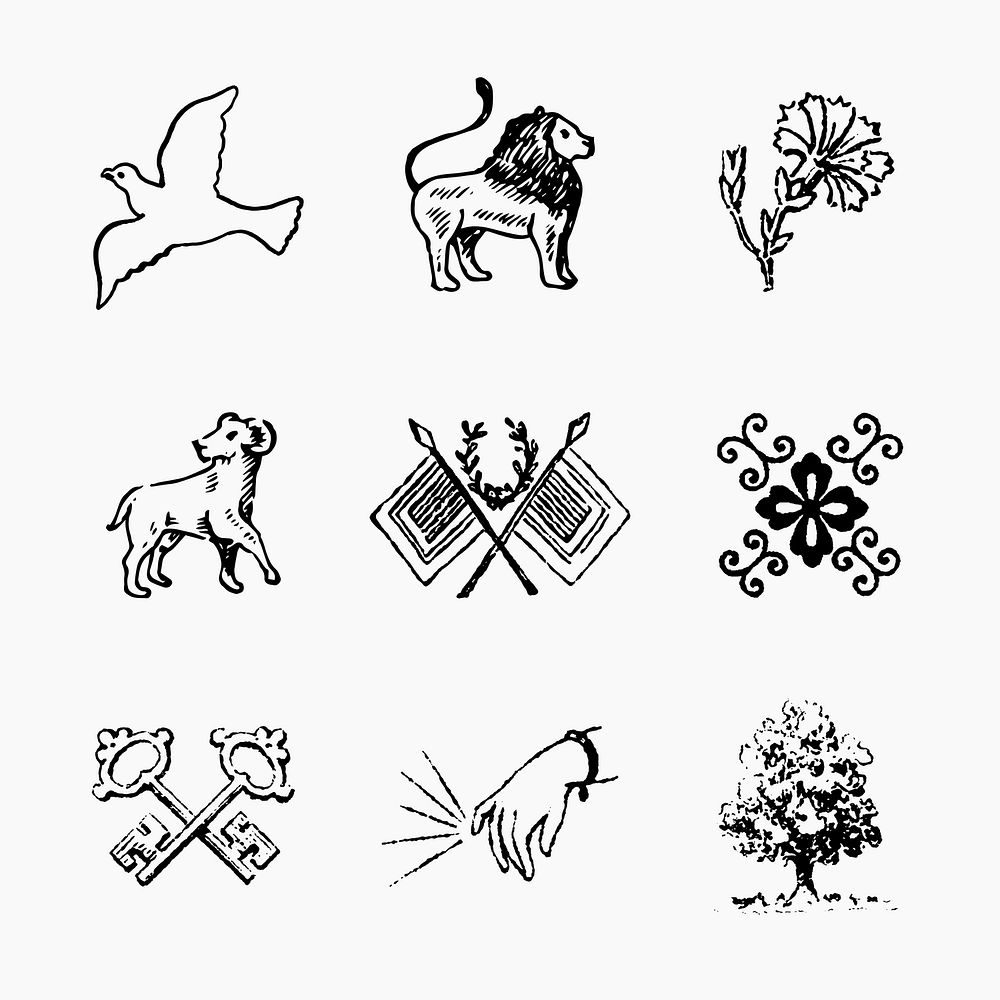 Ancient icon sticker, beautiful medieval art in black vector set