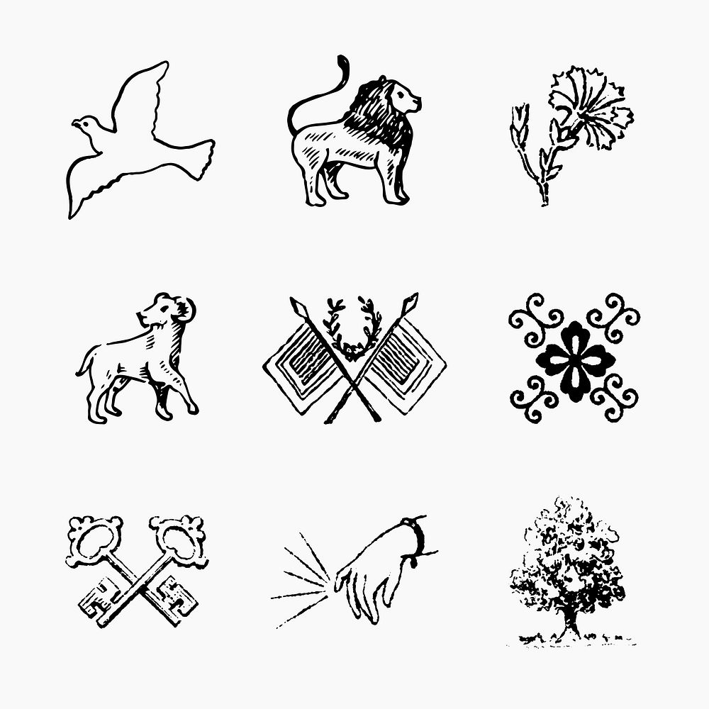 Ancient icon sticker, beautiful medieval art in black psd set