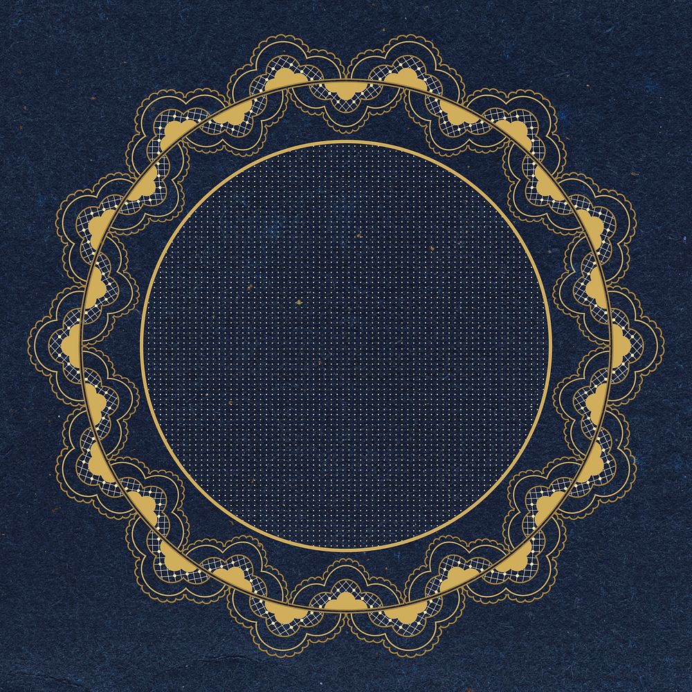 Floral lace frame, circle shape on dark blue background psd