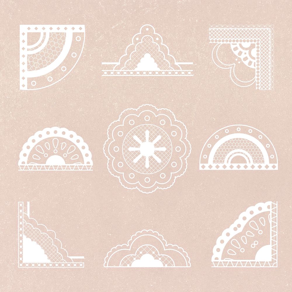 Elegant lace corner border, vintage fabric clipart in white psd set