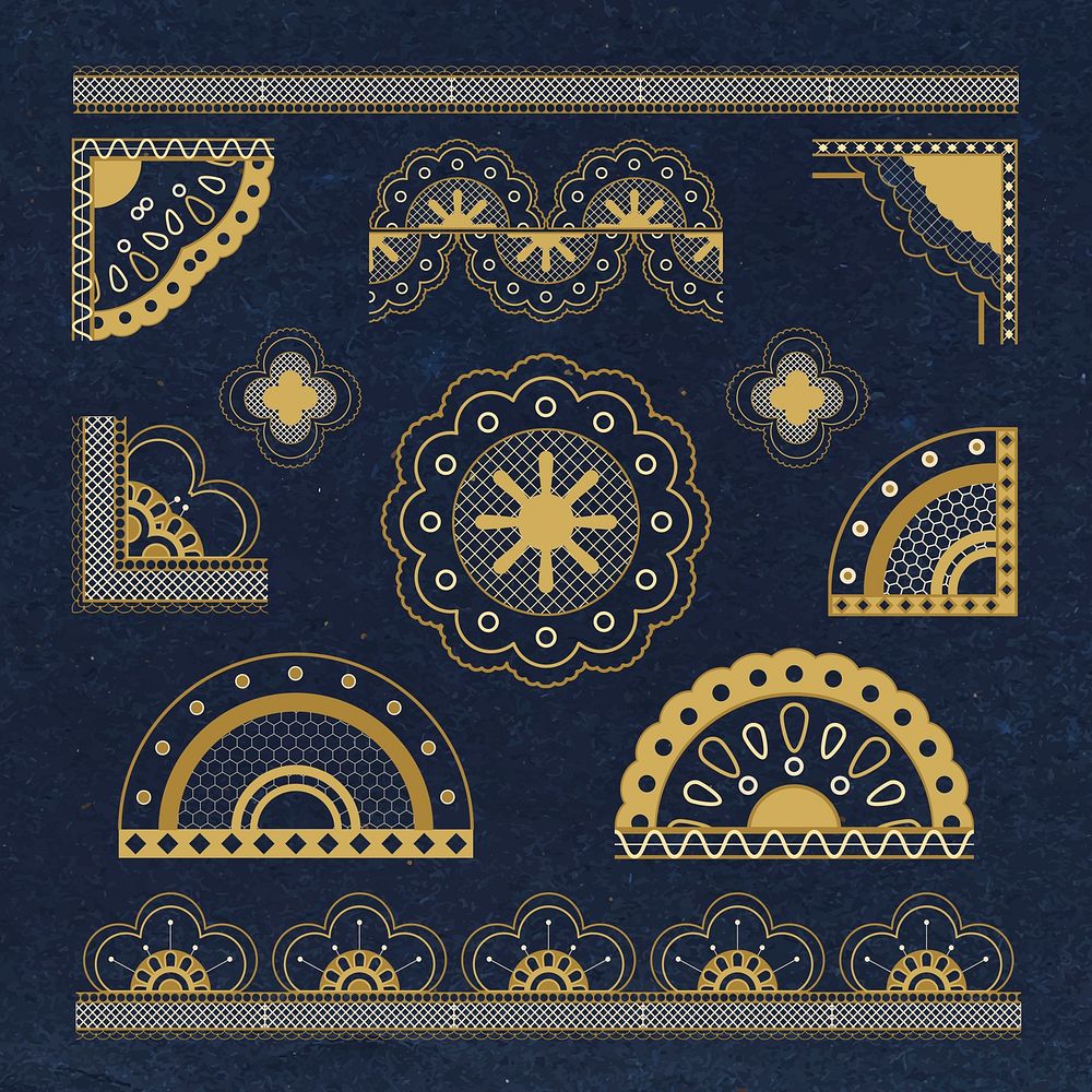 Elegant lace corner border, vintage fabric clipart in gold vector set