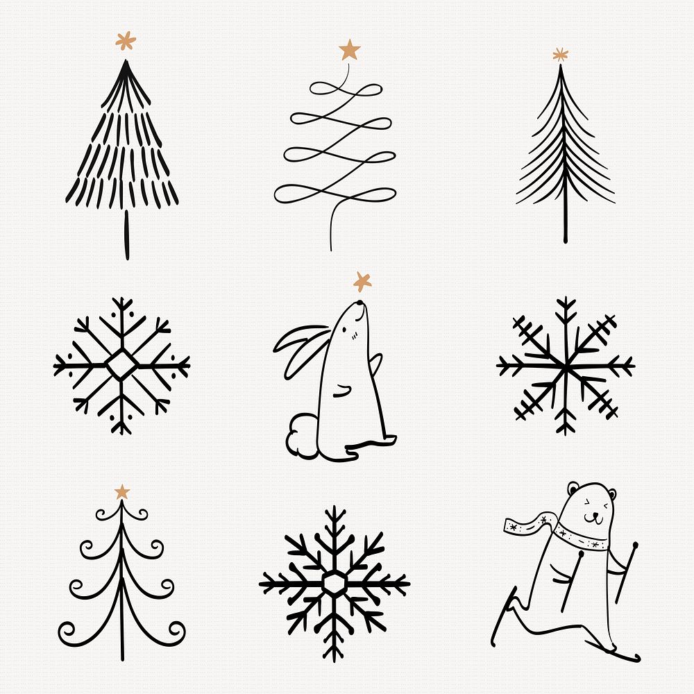 Christmas doodle sticker, cute tree and animal illustration in black psd collection
