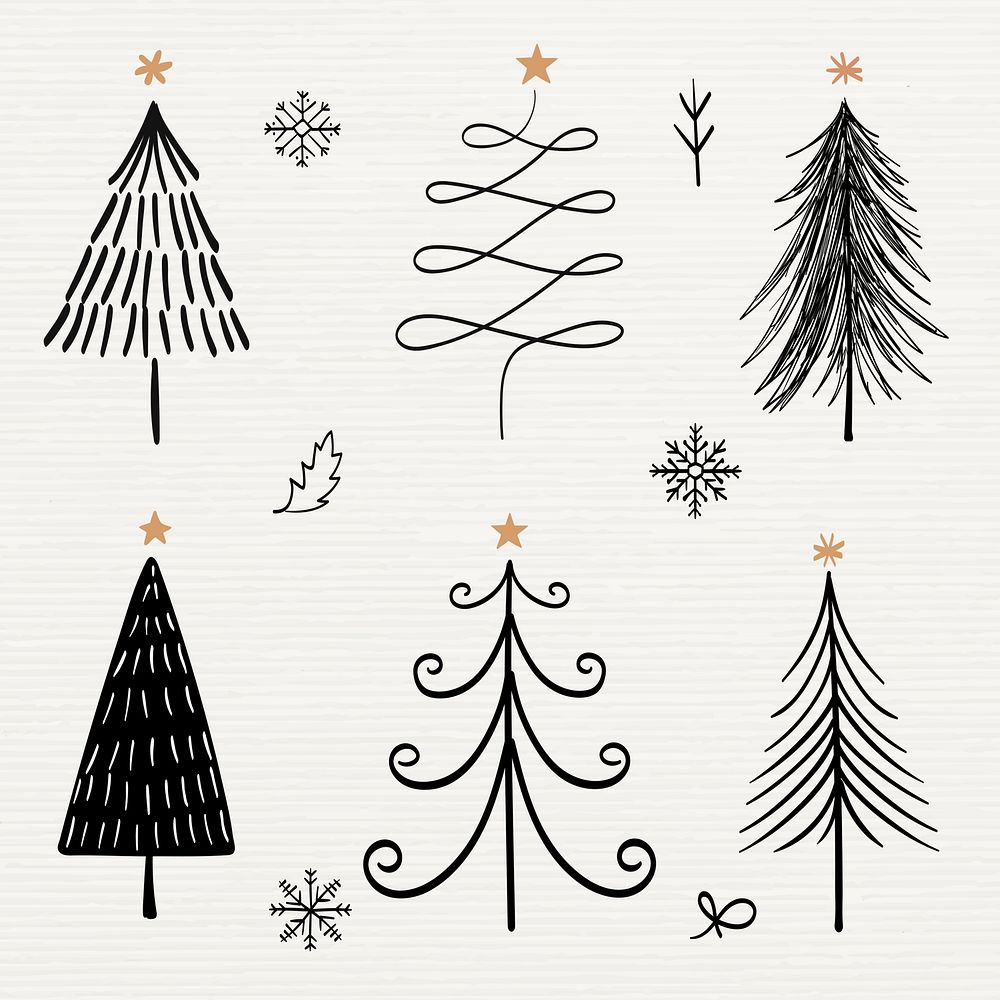 Christmas doodle sticker, cute tree and animal illustration in black psd collection