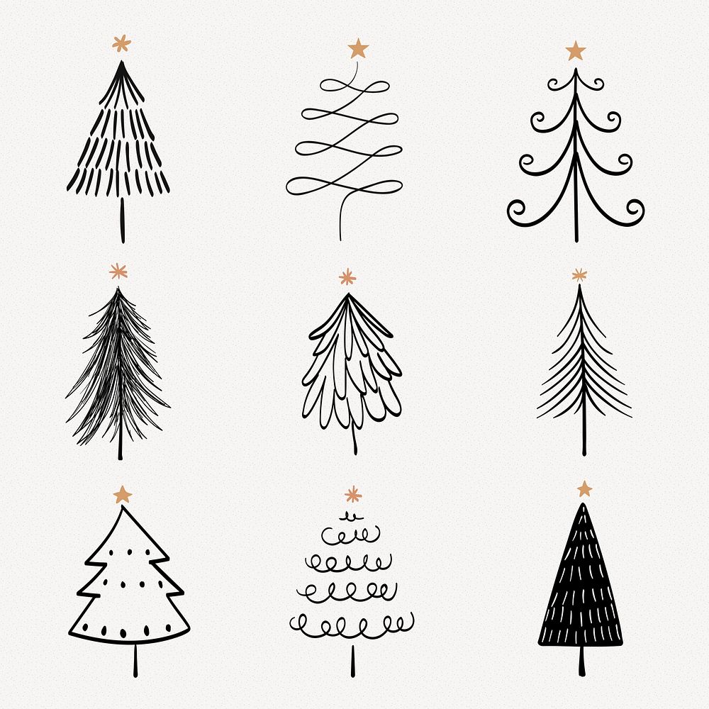 Christmas doodle sticker, cute tree and animal illustration in black psd collection
