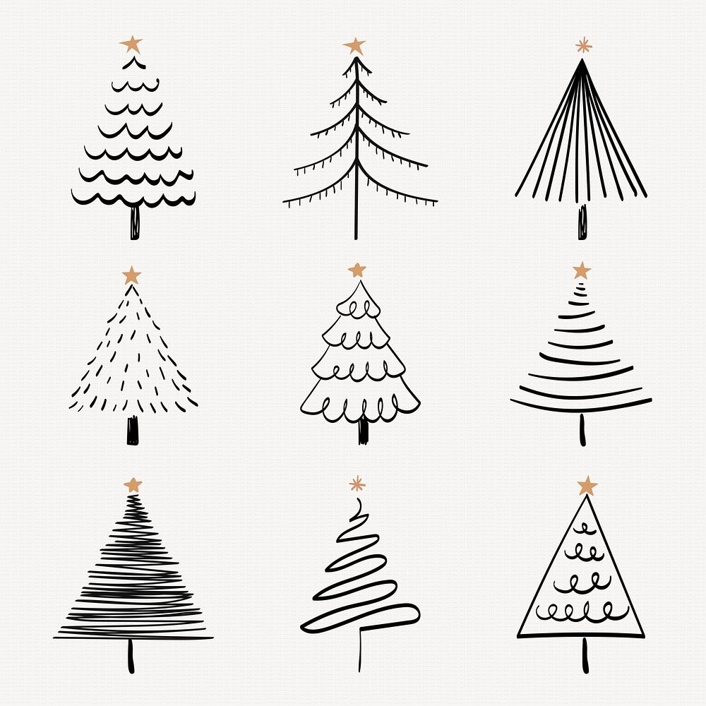 Christmas doodle sticker, cute tree and animal illustration in black vector set