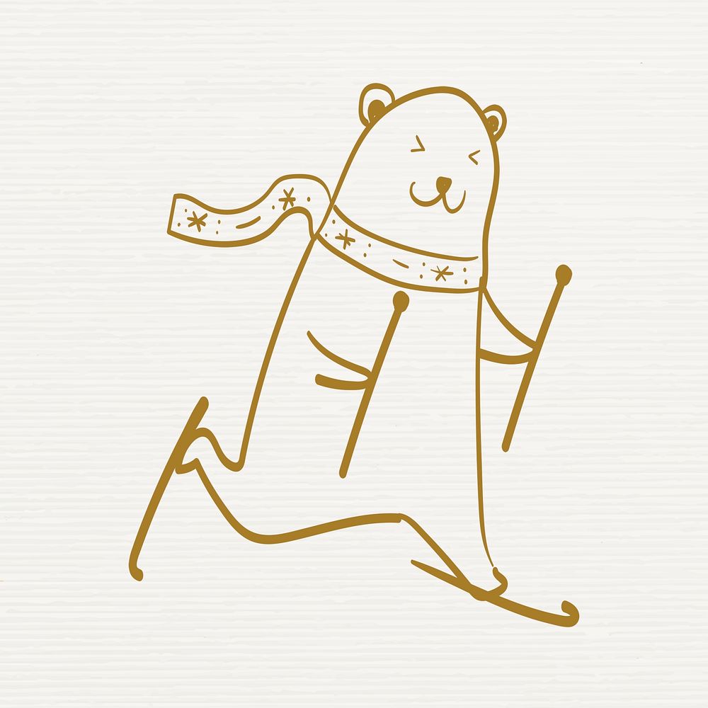 Polar bear sticker, cute snowboarding animal Christmas doodle in gold psd