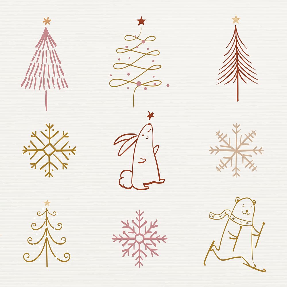 Christmas doodle sticker, cute tree and animal illustration vector collection