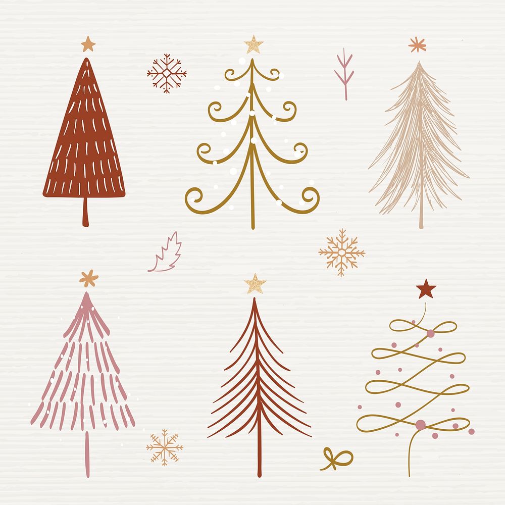 Christmas doodle sticker, cute tree and animal illustration psd set