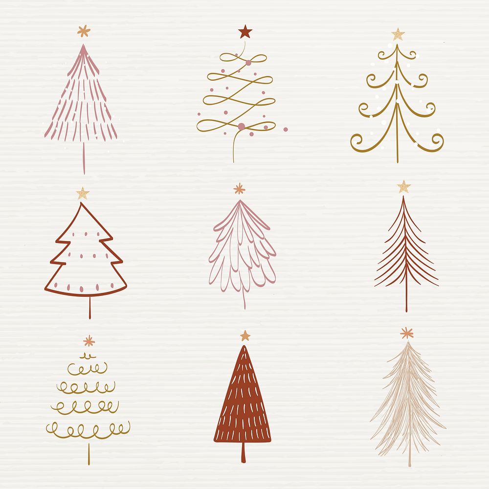 Christmas doodle sticker, cute tree and animal illustration psd set