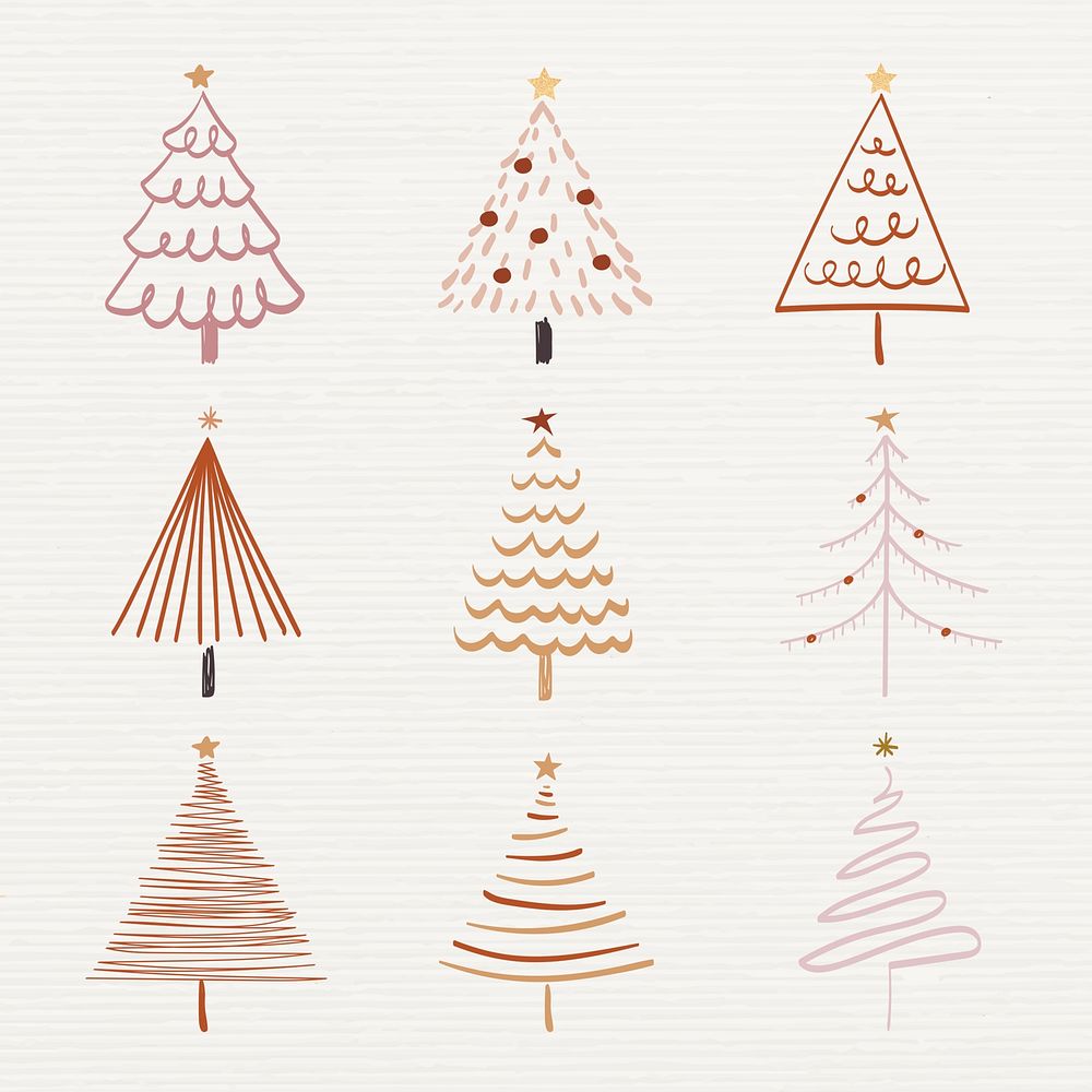 Christmas doodle sticker, cute tree and animal illustration psd set