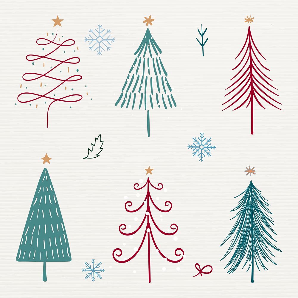 Christmas doodle sticker, cute tree and animal illustration in red and green psd collection