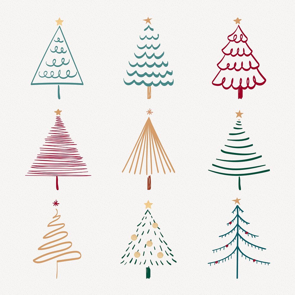 Christmas doodle sticker, cute tree and animal illustration in red and green psd collection