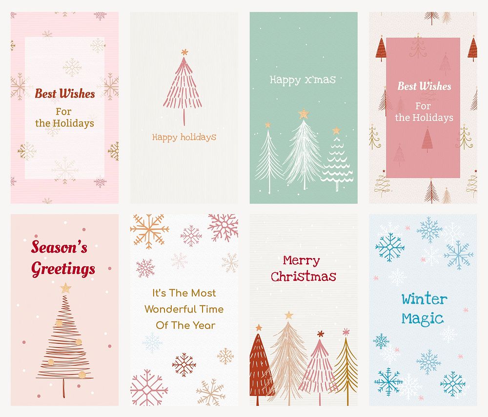 Christmas greetings Instagram story template, cute festive pastel doodle vector set 