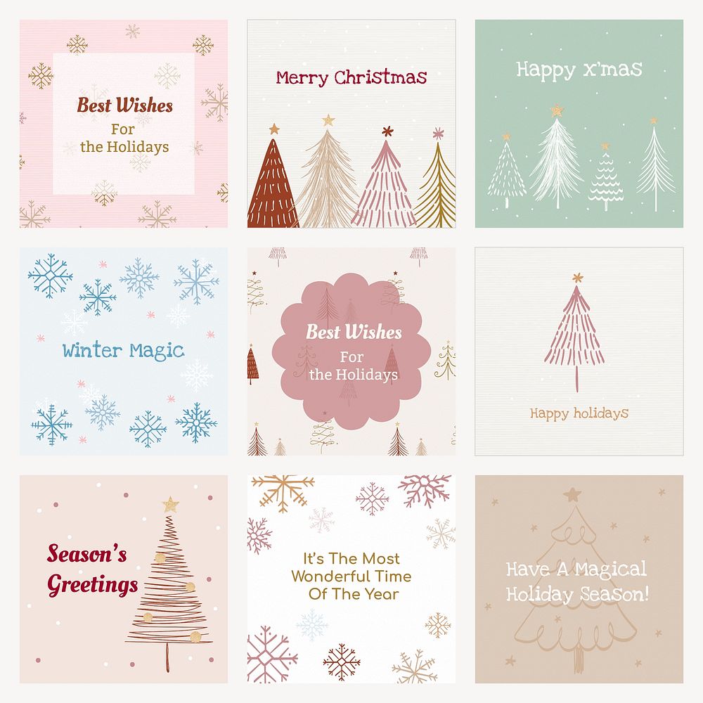 Christmas greetings Instagram post template, cute festive pastel doodle vector set 