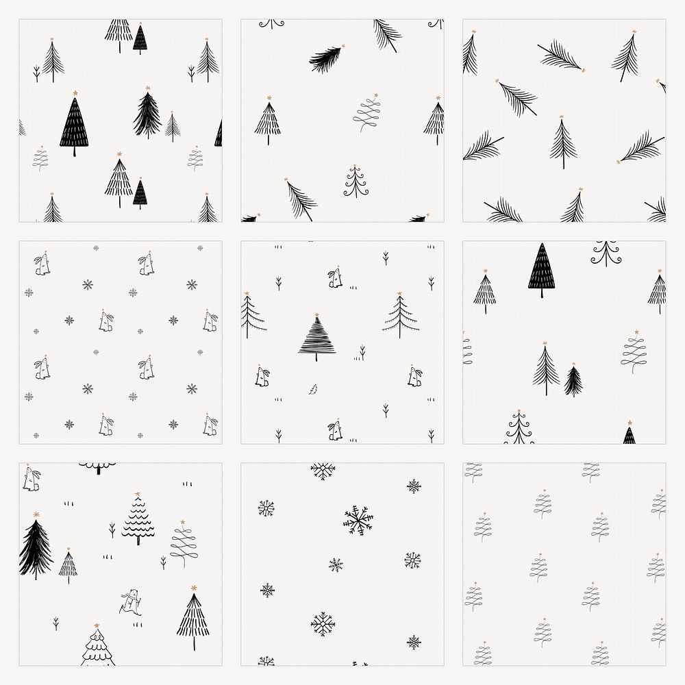 Festive Christmas background, cute doodle in black and white vector collection