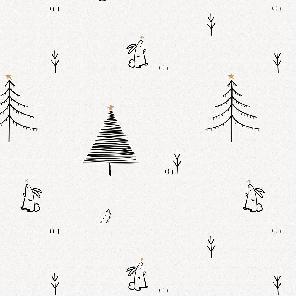 Christmas pattern background, cute winter bunny doodle in black psd