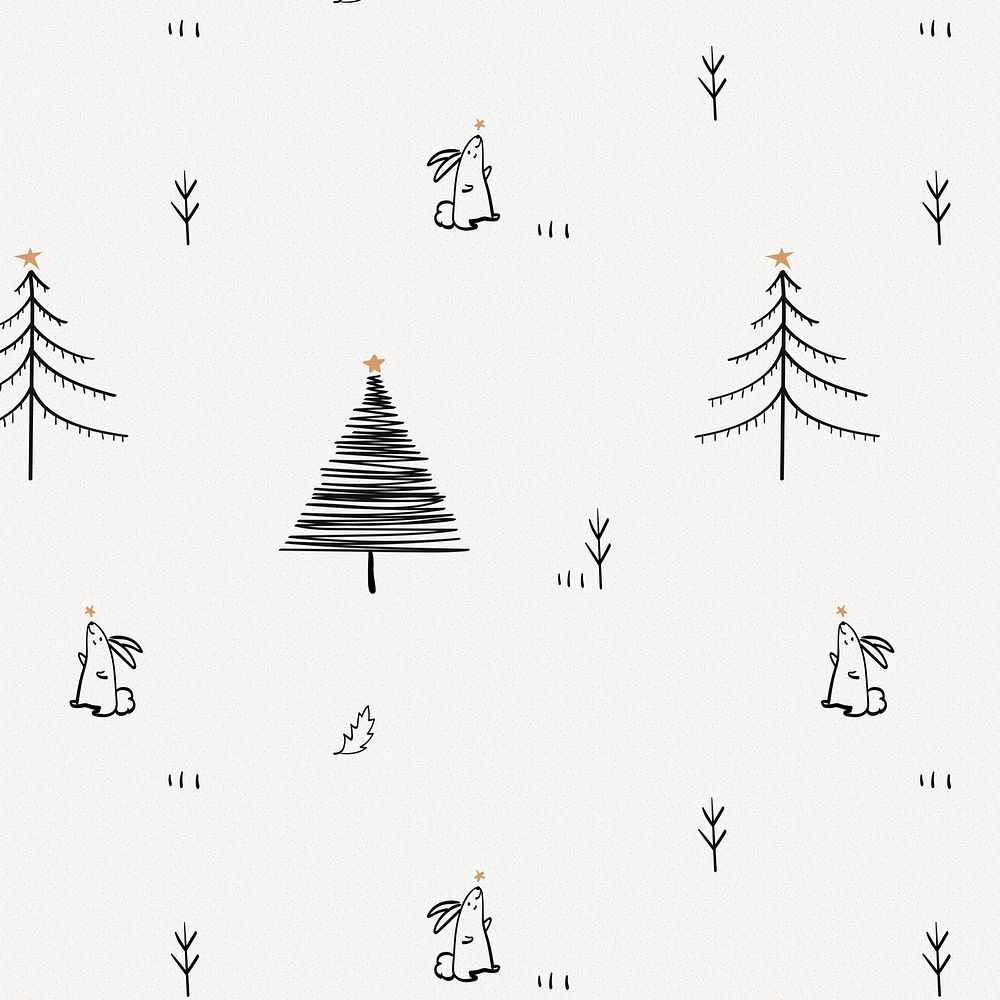 Christmas pattern background, cute winter bunny doodle in black vector