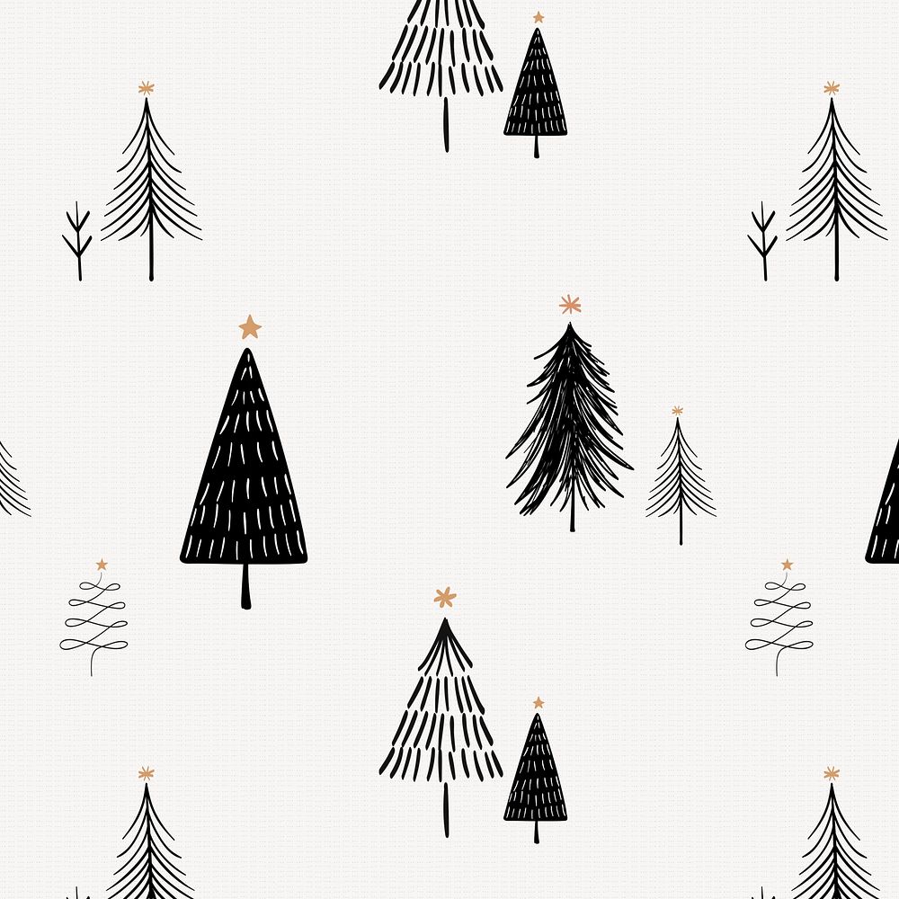 Christmas tree background, cute doodle pattern in black psd