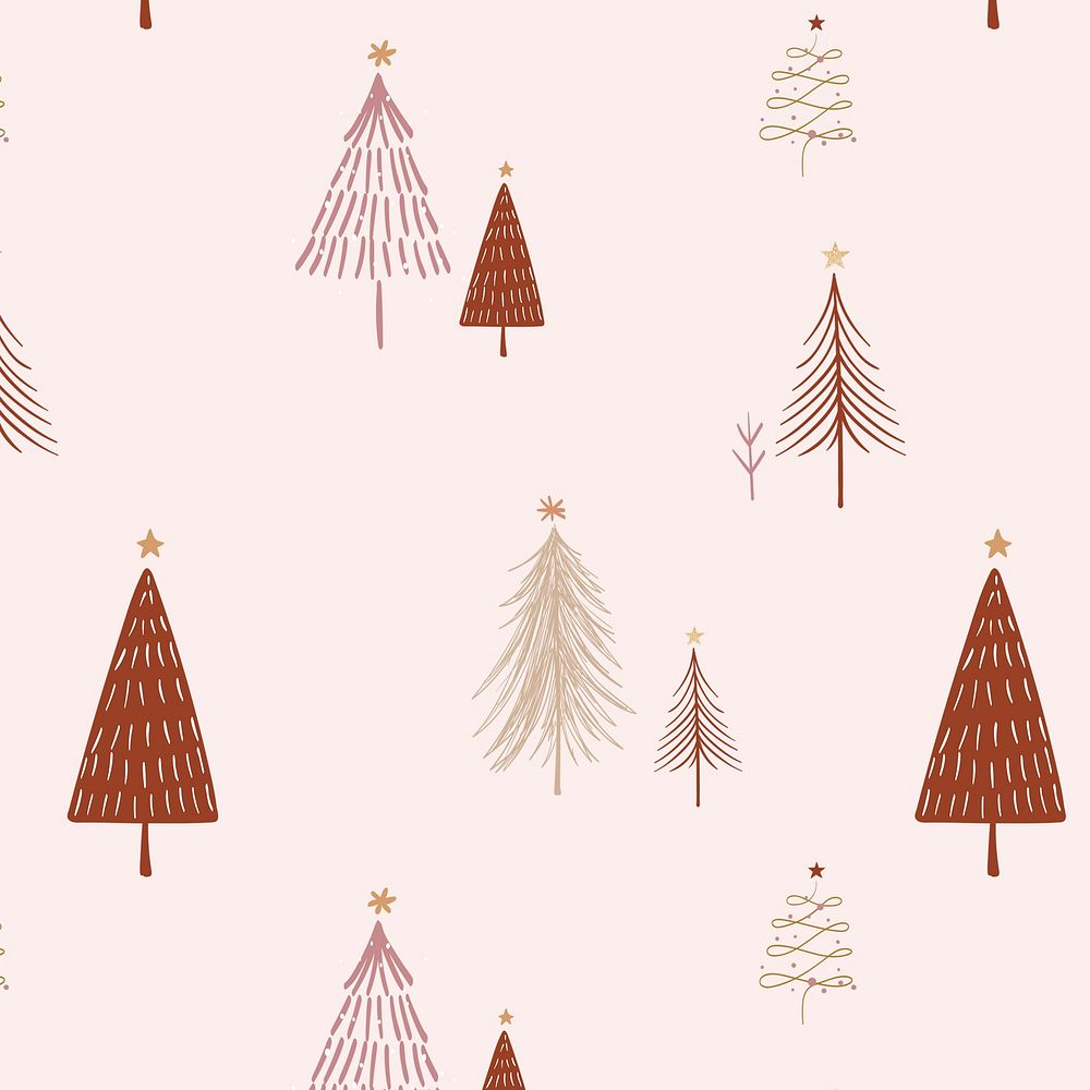 Pink Christmas background, festive trees pattern in doodle design psd