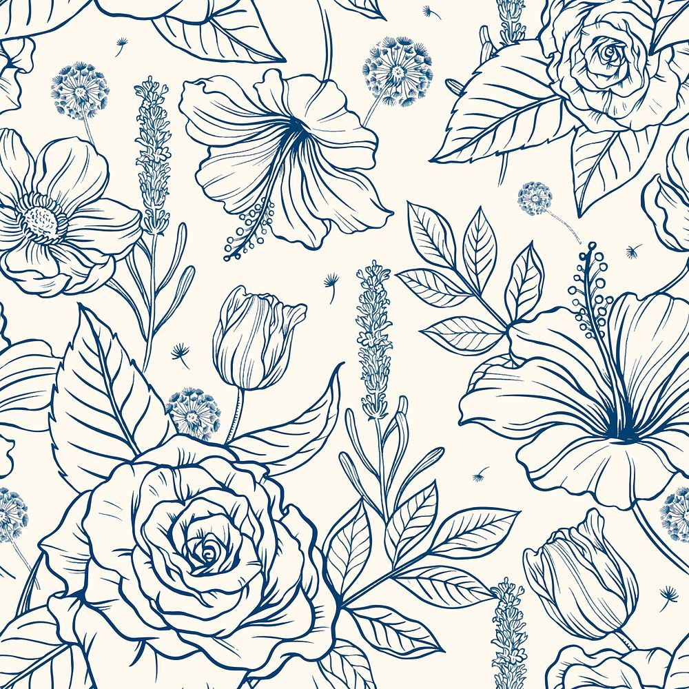 Vintage rose pattern background, blue botanical illustration vector