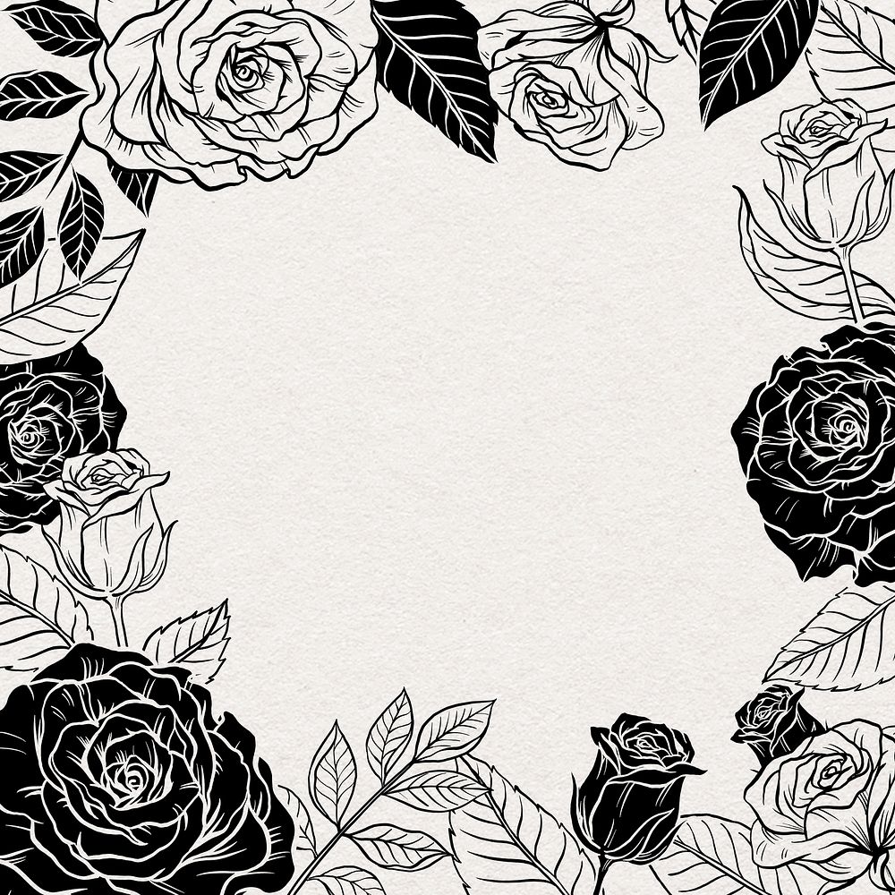 Vintage rose frame background, flower illustration in black and white psd