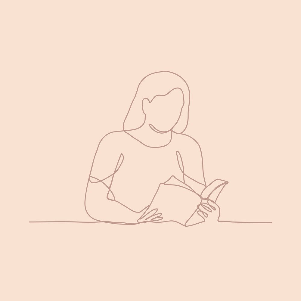 Woman reading line art sticker, simple life activity, monoline drawing collage element vector
