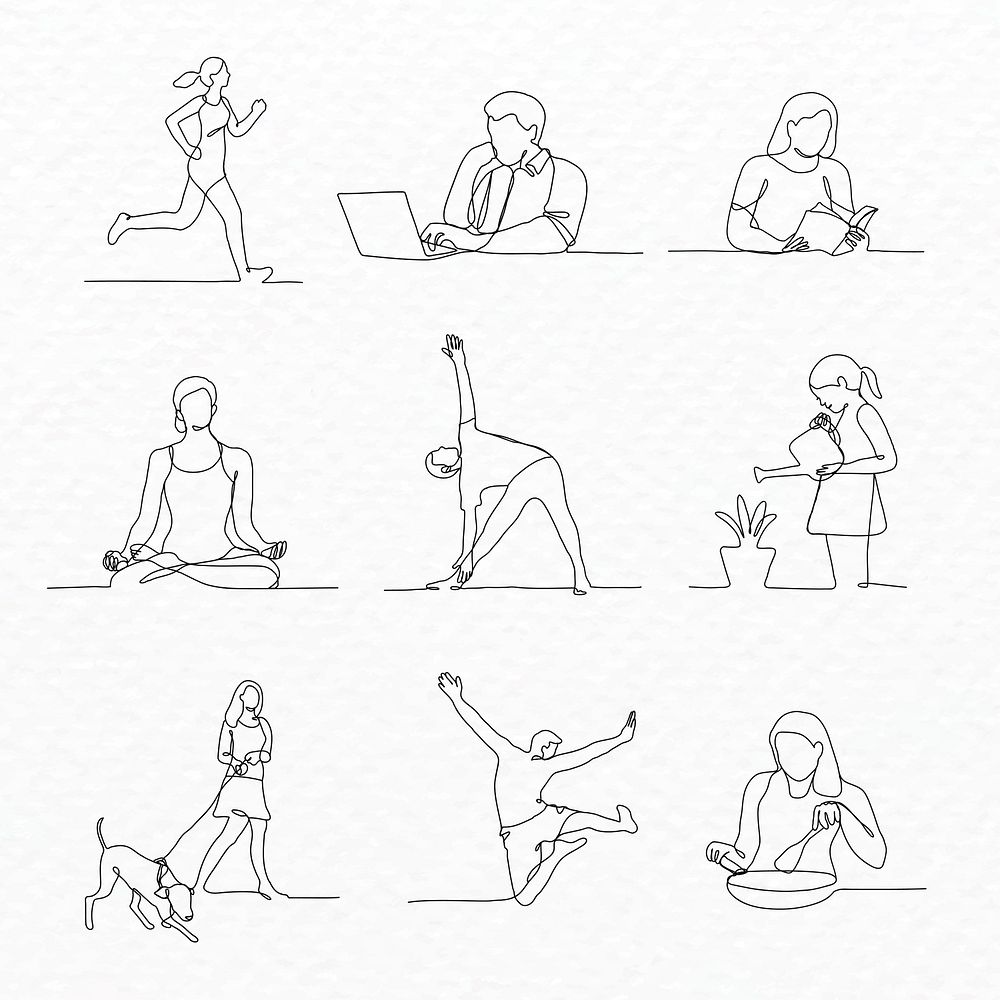 People line art, happy lifestyle monoline drawing, simple illustration collection vector