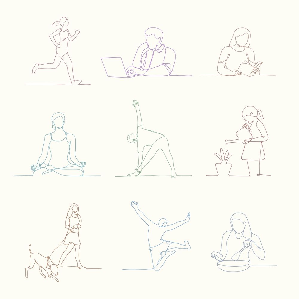 Lifestyle line art, diverse people illustration collection vector
