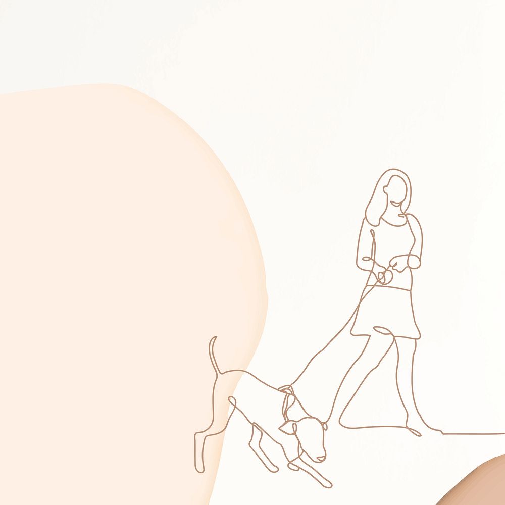 Minimal feminine background, cream simple design, woman walking a dog illustration psd