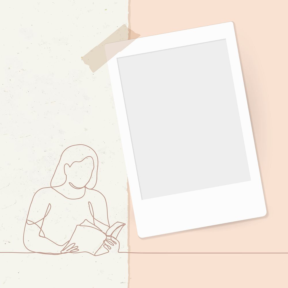 Woman reading frame background, instant film, line art graphic, hand drawn lifestyle people illustration vector