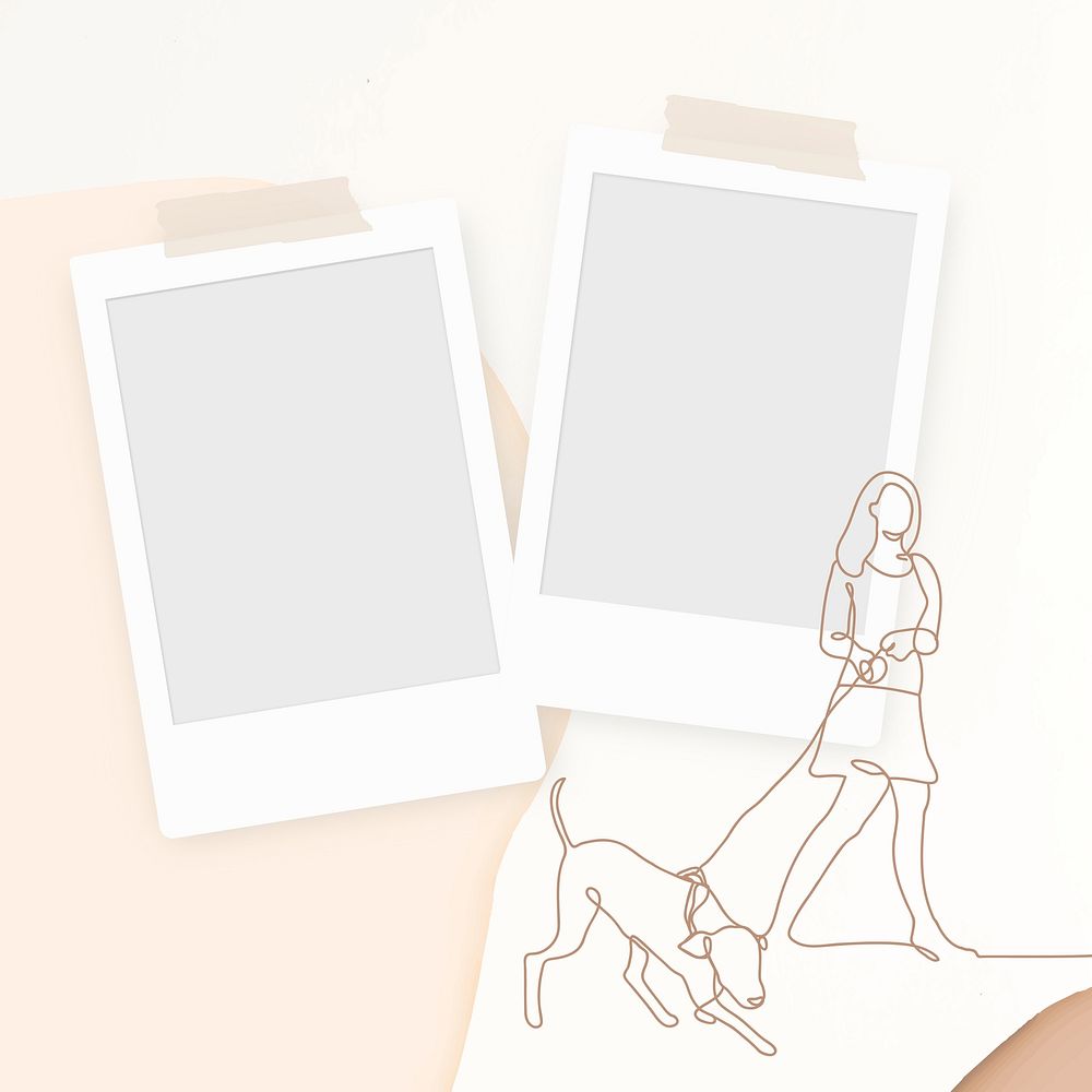 Instant photo frame, line art graphic, hand drawn woman and dog illustration psd
