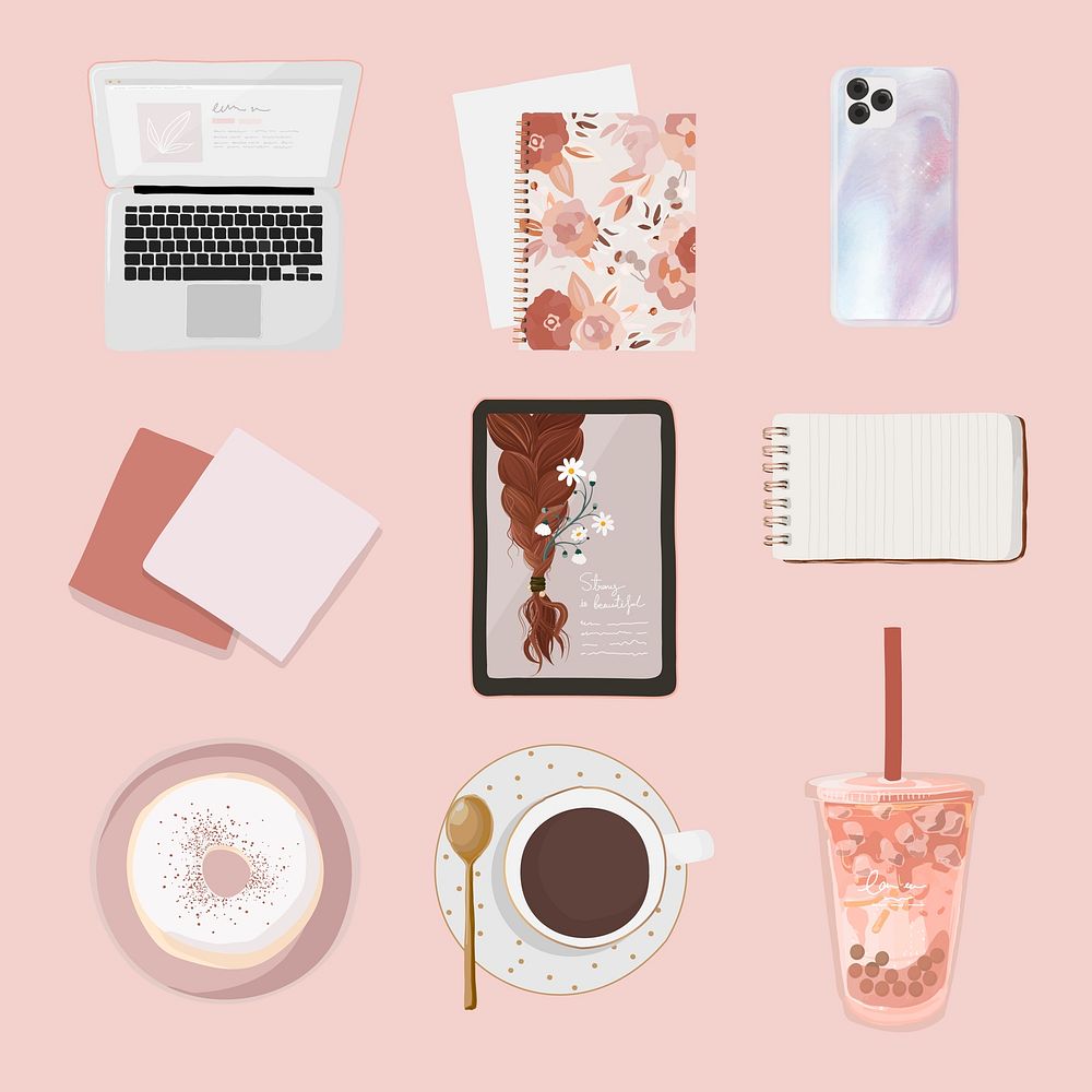 Beauty blogger essentials sticker, pink feminine illustration vector set