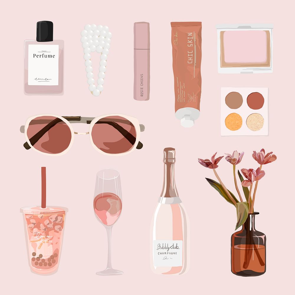 Feminine aesthetic sticker, pink essentials illustration vector set