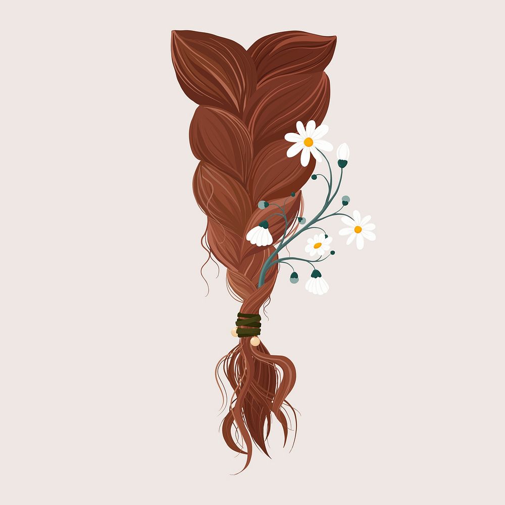 Aesthetic hair braids collage element, feminine floral illustration vector