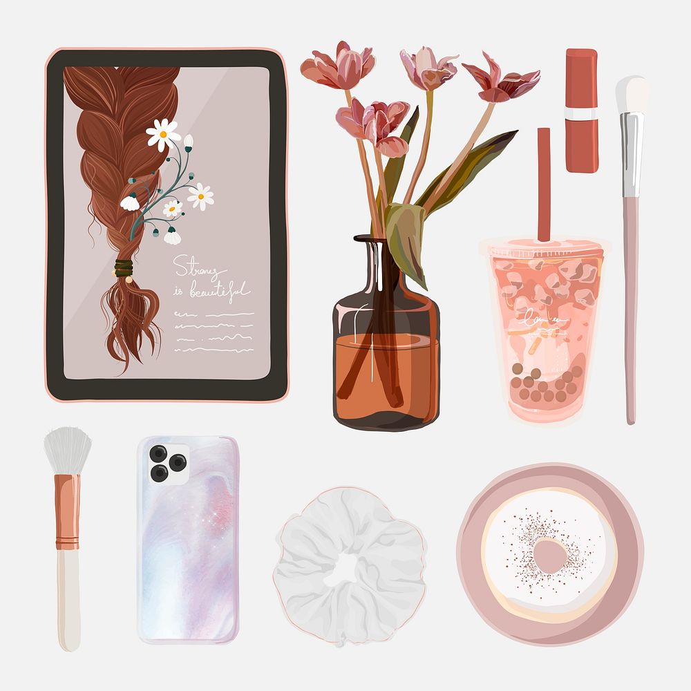 Beauty blogger essentials sticker, pink feminine illustration psd set