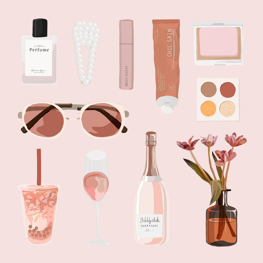 Feminine aesthetic sticker, pink essentials illustration psd set