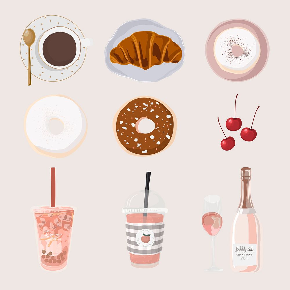 Cute dessert sticker, feminine illustration in pink psd set