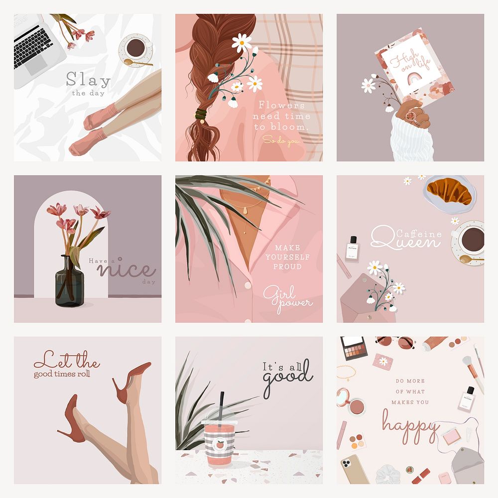 Influencer Instagram post template, pink feminine illustration vector set