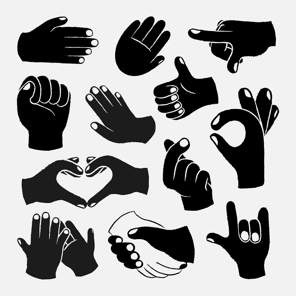 Cute hands sticker set, black and white vector doodle