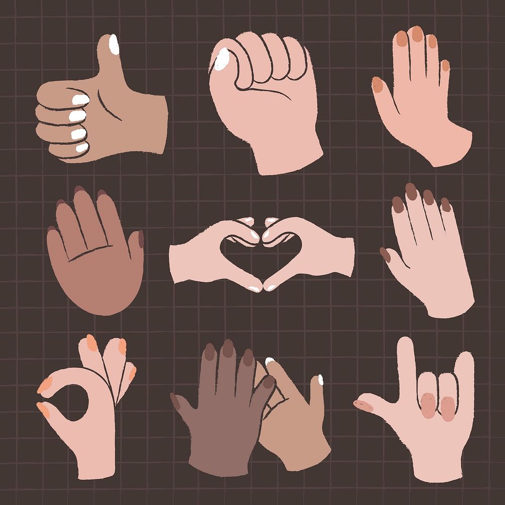 Equality hand gestures set, diverse people vector stickers
