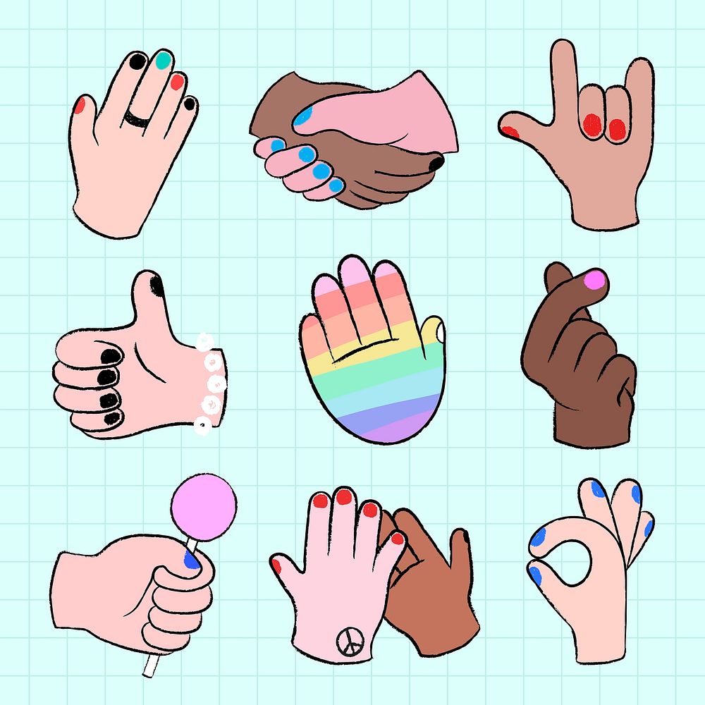 Hand gestures sticker set, diverse LGBTQ people vector