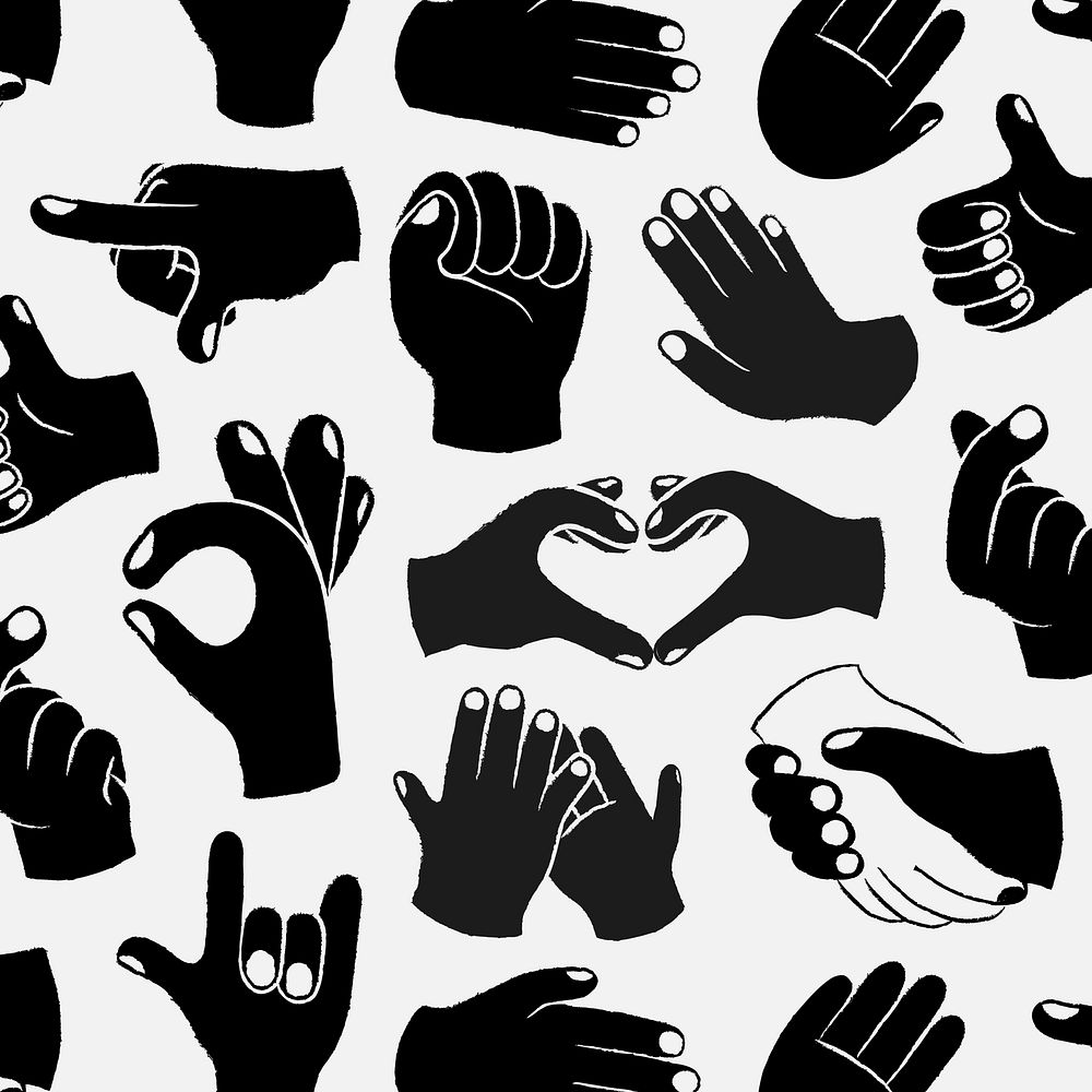 Hand sign background, doodle pattern in black and white psd