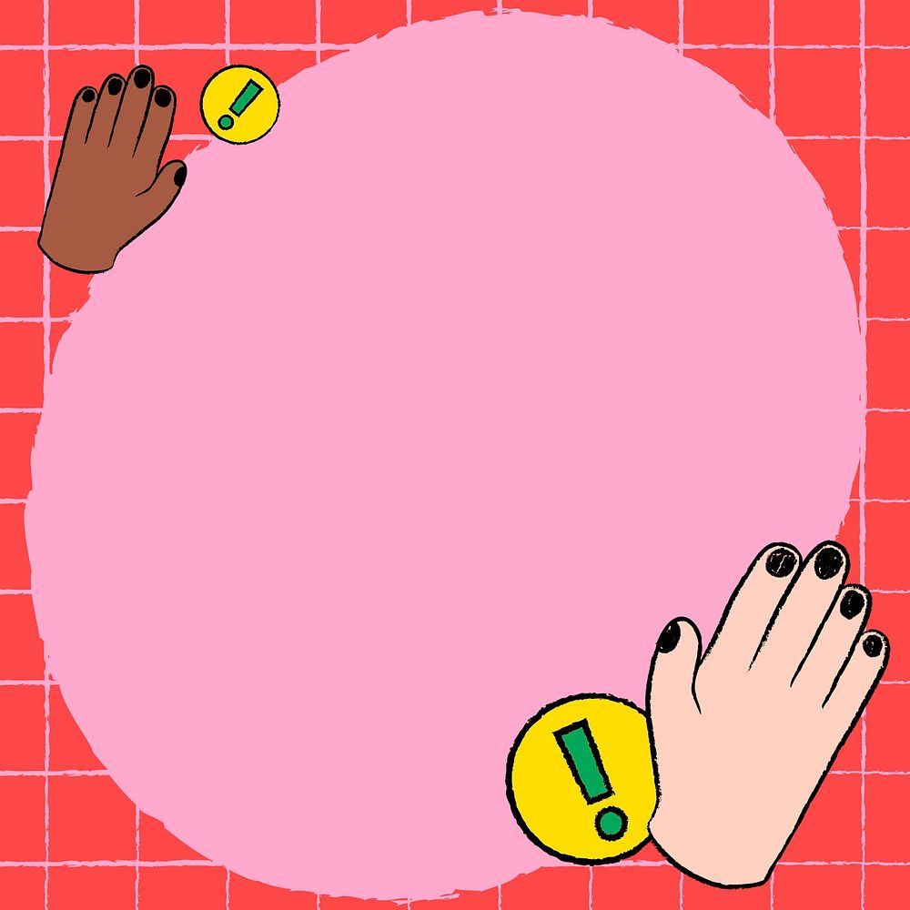 Pink funky frame background, stop hand gesture doodle psd
