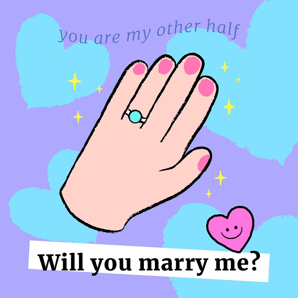 Cute doodle engagement proposal template, will you marry me? for Instagram post vector