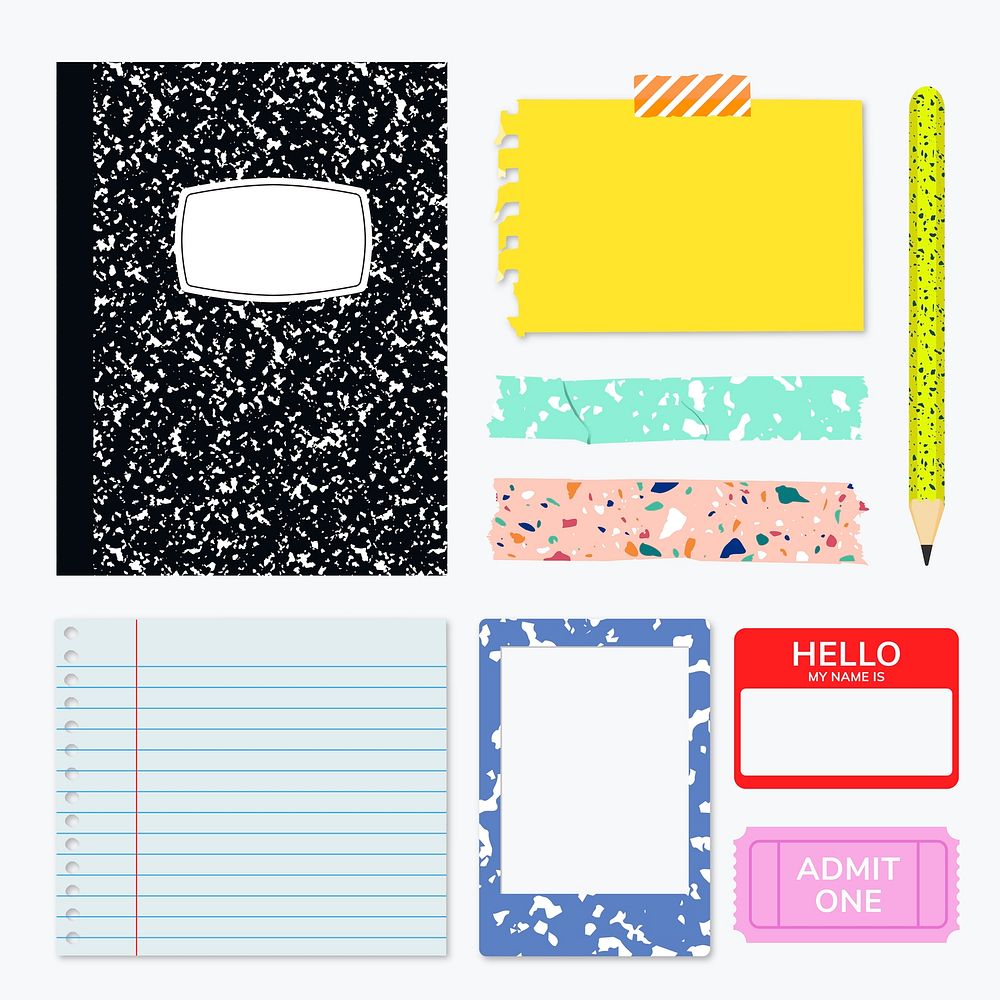 Terrazzo stationery set with sticker notes and pencil vector